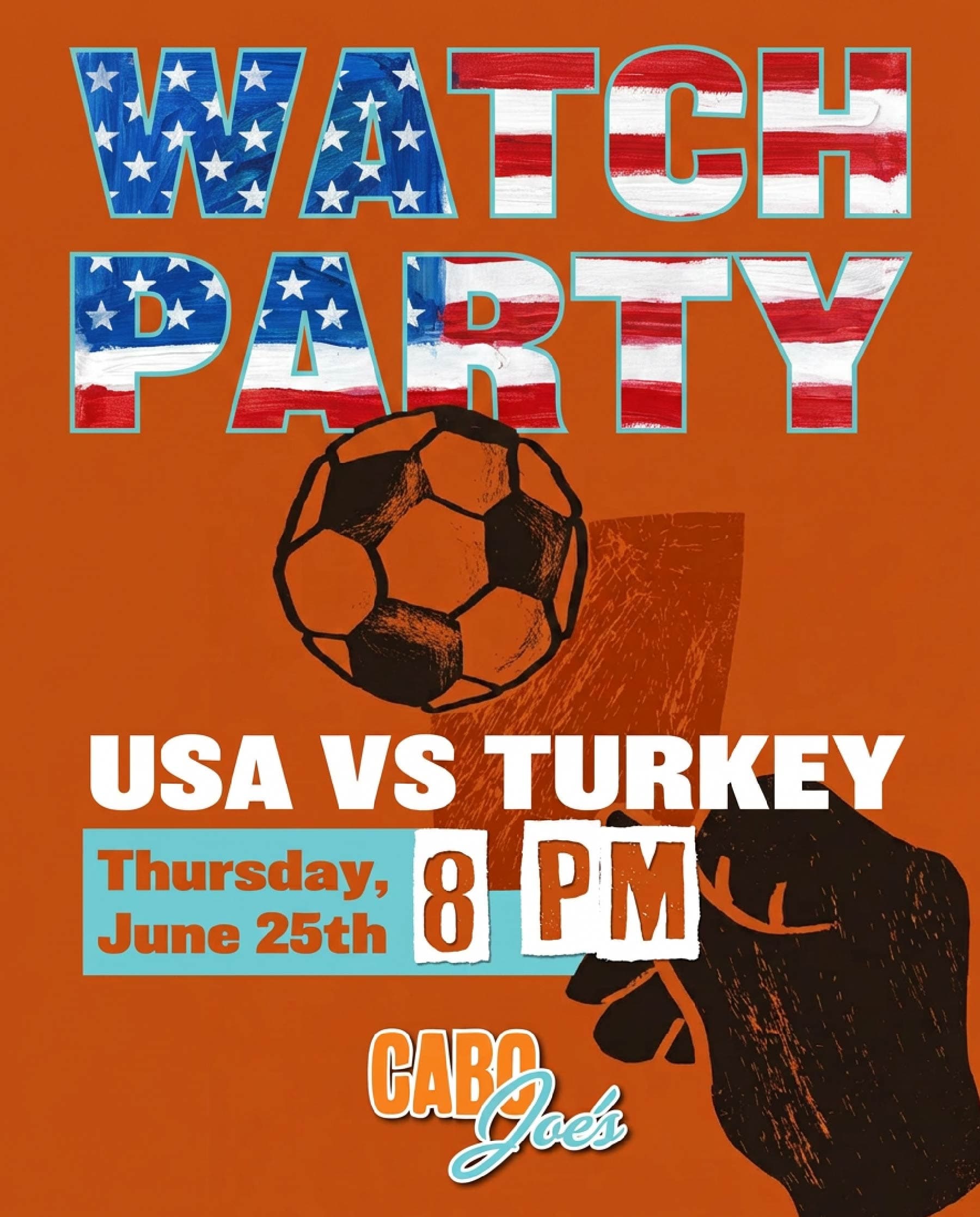 Watch party flyer for USA vs Turkey, Thursday June 25th at 8 PM