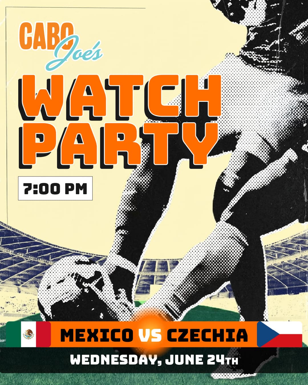 Watch party flyer for Mexico vs Czechia, Wednesday June 24th at 7 PM