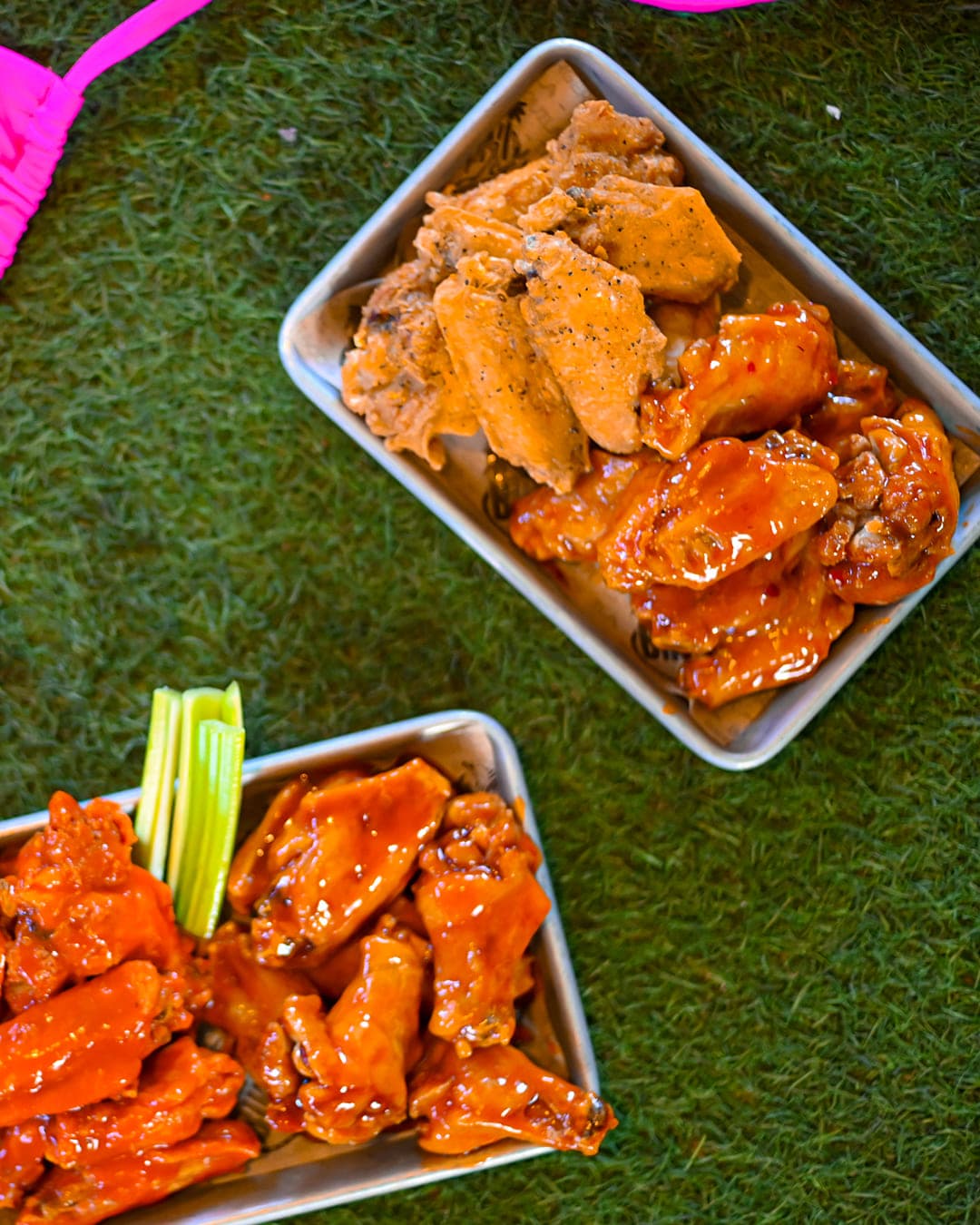Trays of buffalo and BBQ chicken wings at Cabo Joe's